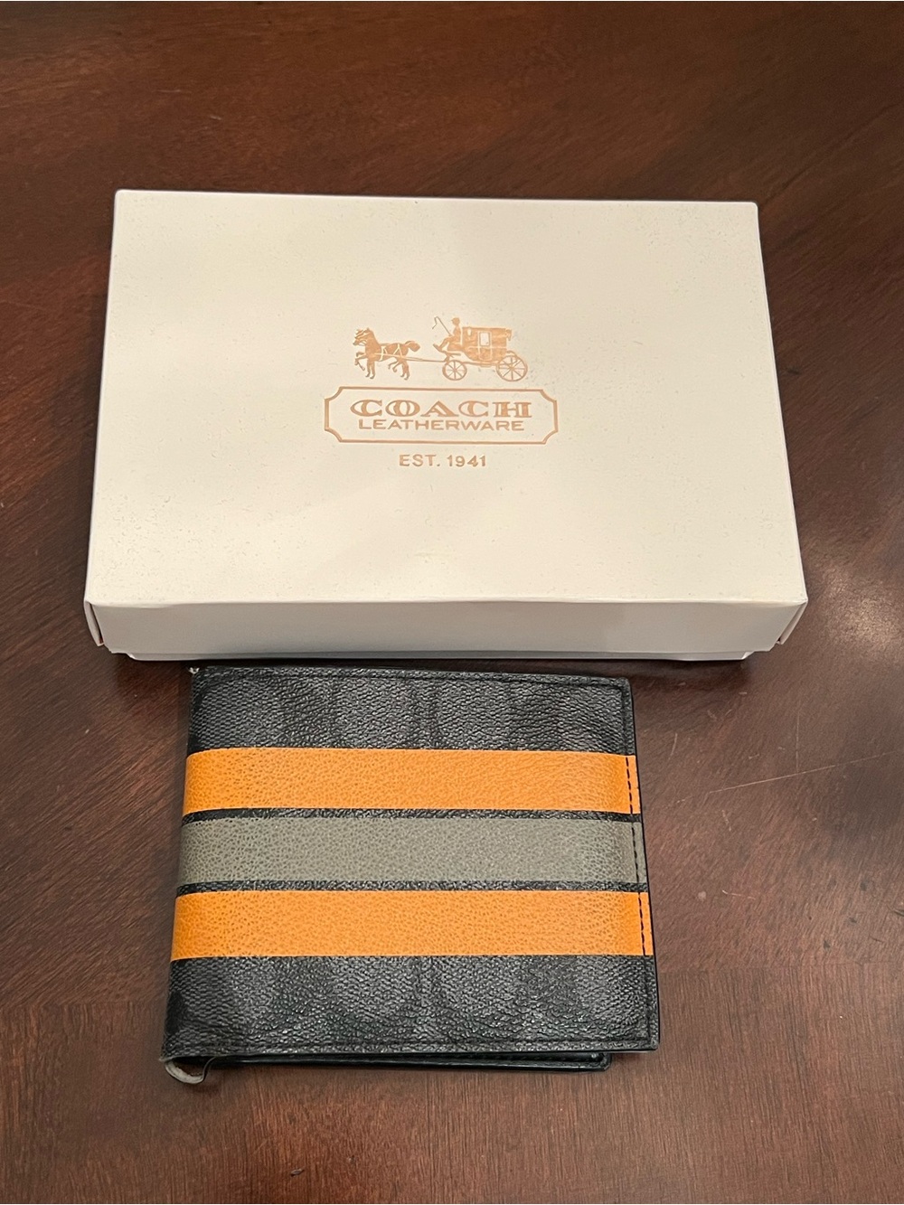 Coach Black Leather Money Clip with Orange and Gray Stripes